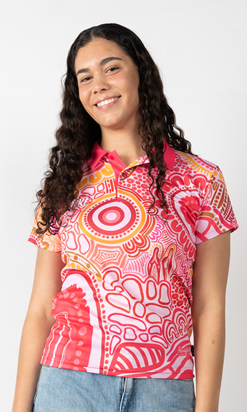 Aboriginal Art Ladies Fitted Polo Manu – Azure Beach and Resort Wear