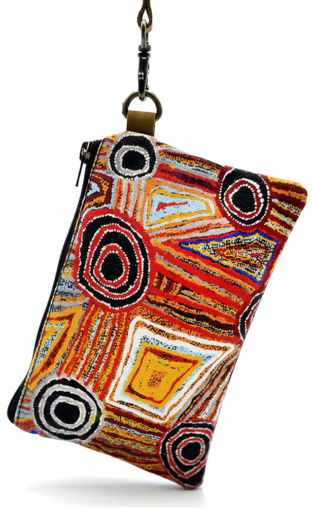 Aboriginal Art Canvas Pouch with Leather Strap by Mary Napangardi Brown