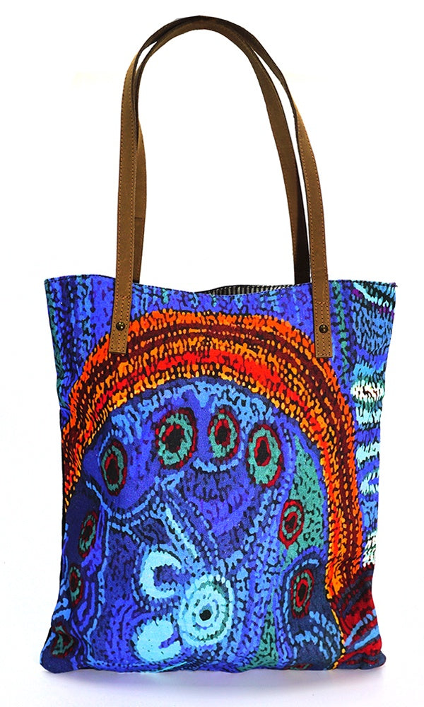 Aboriginal Art Shoulder Tote Bag Leather Trimmed by Julie Woods