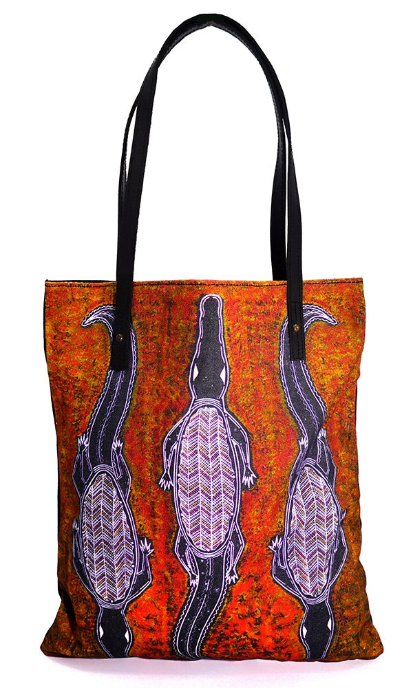 Aboriginal Art Shoulder Tote Bag Leather Trimmed by Edward Malati Yunupingu