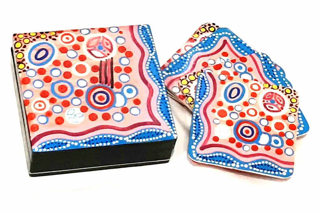 Aboriginal Art Lacquer Coaster Set by Andrea Mimpitja Adamson