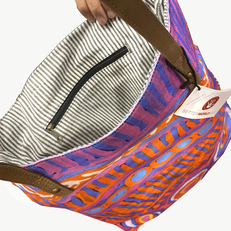 Aboriginal Art Shoulder Tote Bag Leather Trimmed by Murdie Nampijinpa Morris