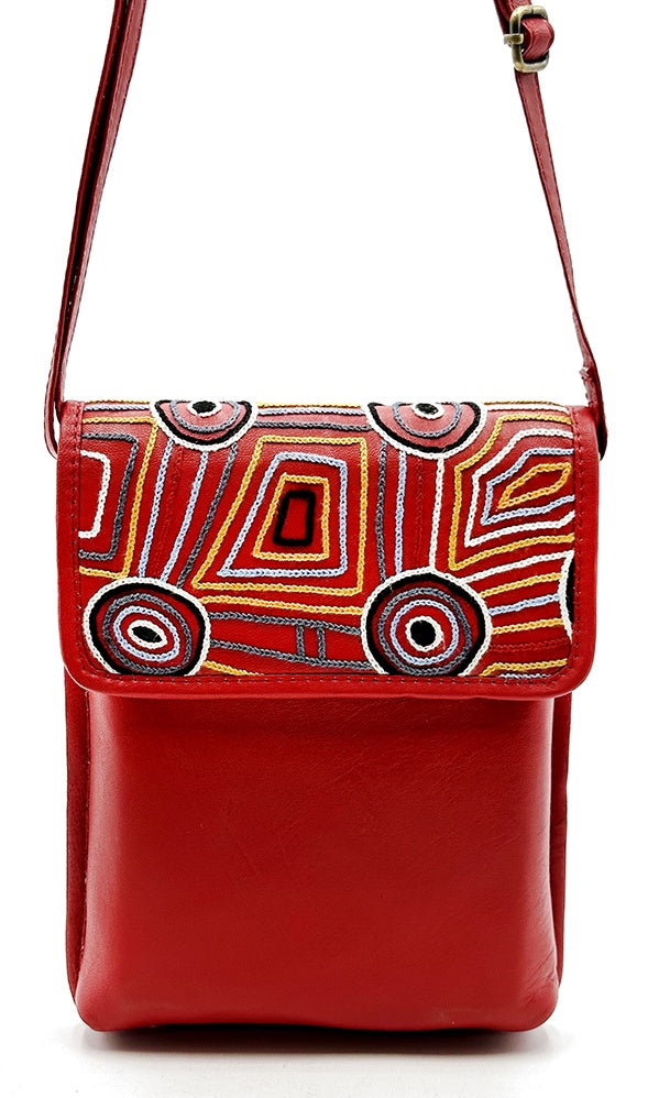 Aboriginal Art Embroidered Leather Shoulder Bag by Mary Napangardi Brown