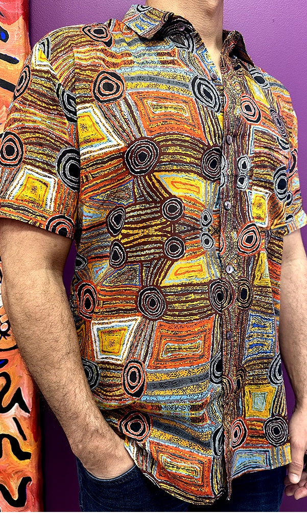 Cotton Men's Shirt Aboriginal Art by Mary Napangardi Brown