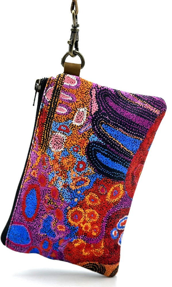 Aboriginal Art Canvas Pouch with Leather Strap by Andrea Mimpitja Adamson