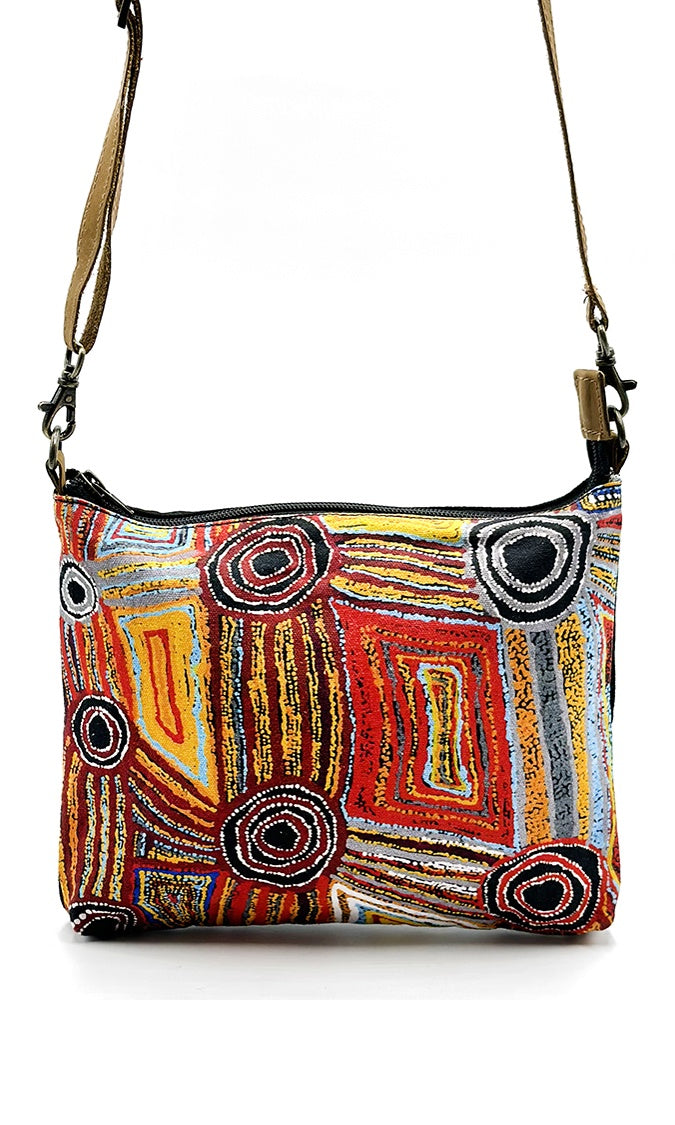 Aboriginal Art Cross Body Bag Leather Trimmed by Mary Napangardi Brown