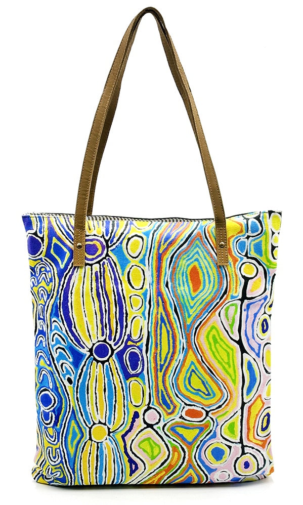 Aboriginal Art Shoulder Tote Bag Leather Trimmed by Judy Watson