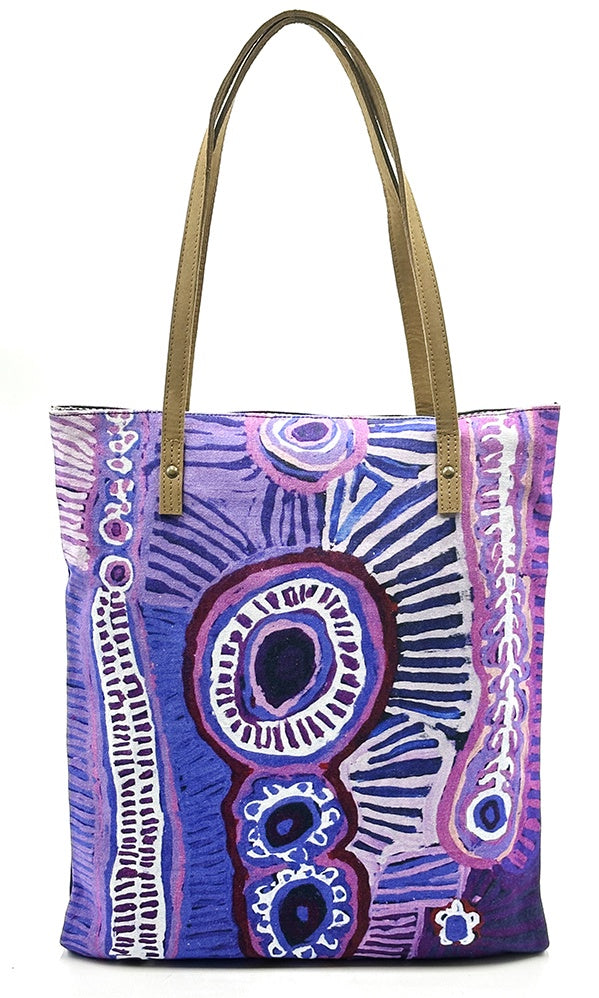 Aboriginal Art Shoulder Tote Bag Leather Trimmed by Murdie Nampijinpa Morris (2)