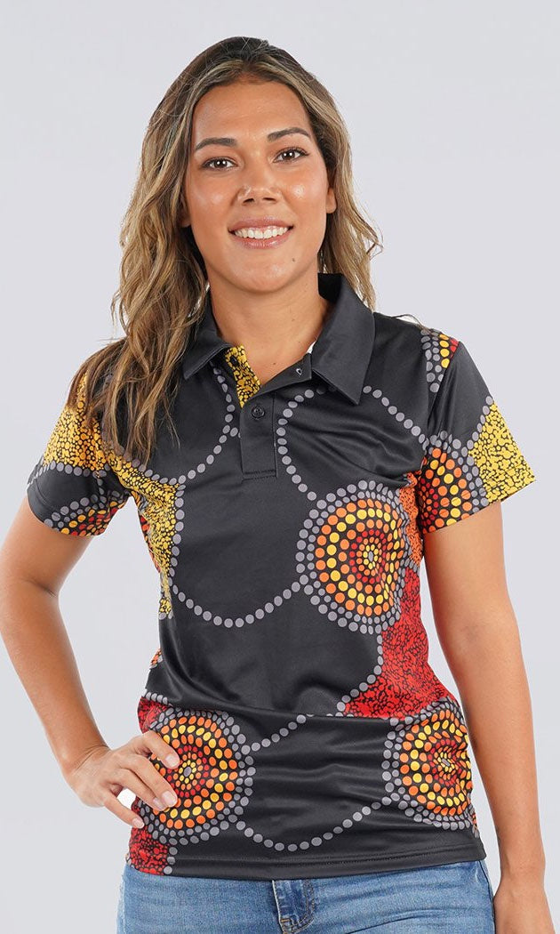 Aboriginal Art Ladies Fitted Polo Community Unity