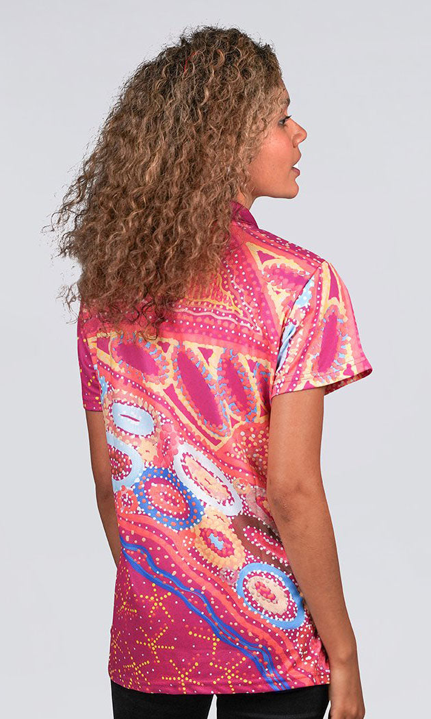 Aboriginal Art Ladies Fitted Polo Mothers Country
