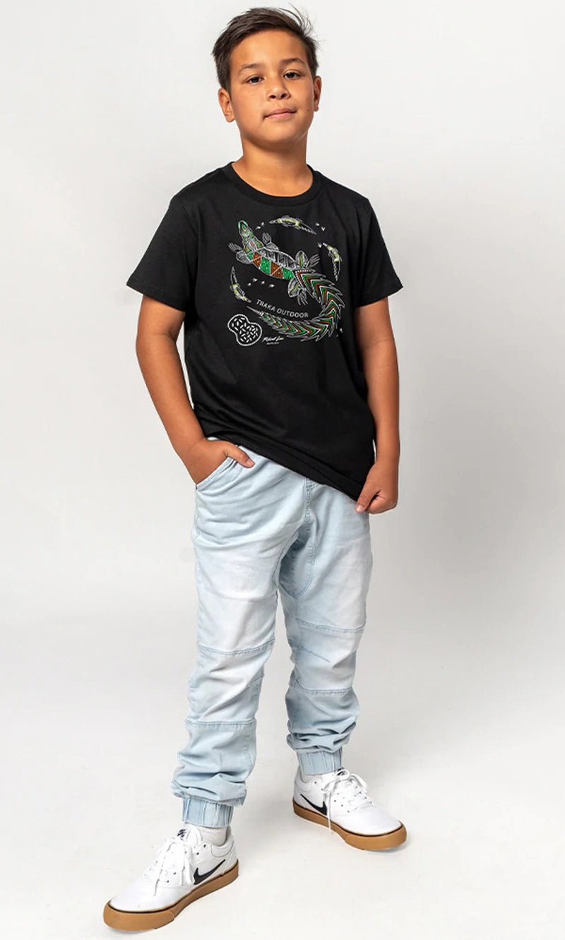 Aboriginal Art Kids Cotton T-Shirt Croc Country Black