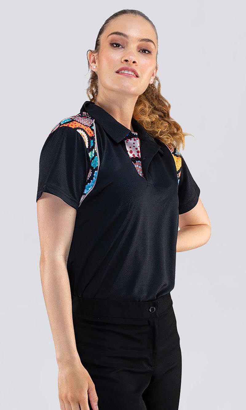 Aboriginal Art Ladies Fitted Bamboo Polo Connection to Country