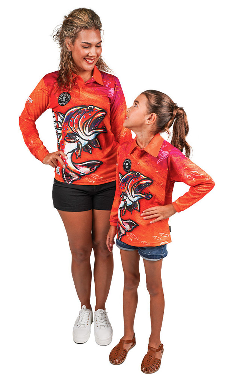 Aboriginal Art Kids Unisex Long Sleeve Polo Coral Trout Dreams Bright