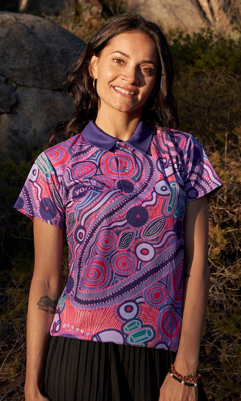 Aboriginal Art Ladies Fitted Polo Danjoo (Purple)