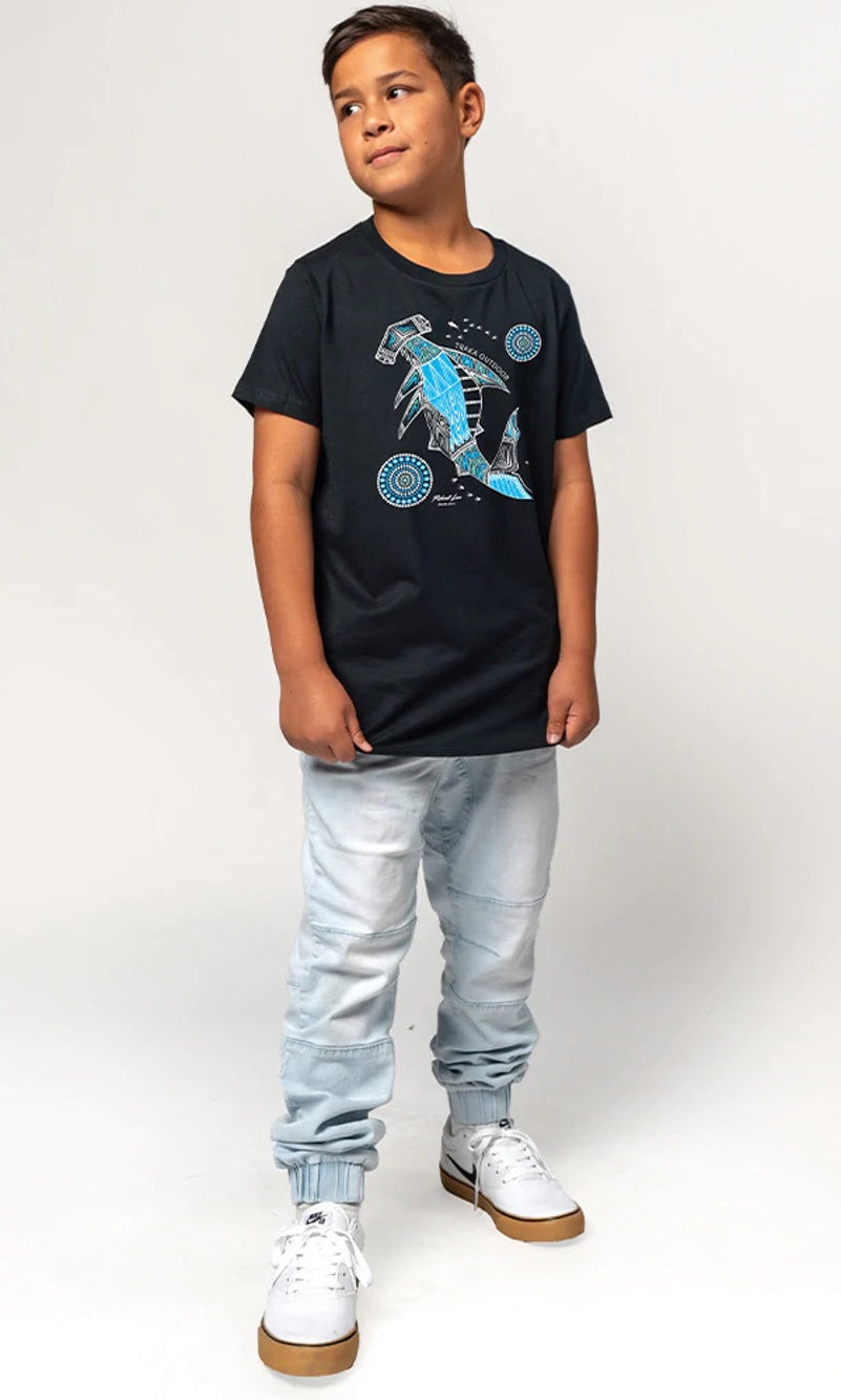 Aboriginal Art Kids Cotton T-Shirt Hammerhead School Navy
