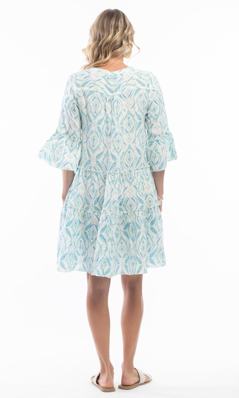 Pure Linen Dress Layers Frill Sleeve Ikat Turquoise