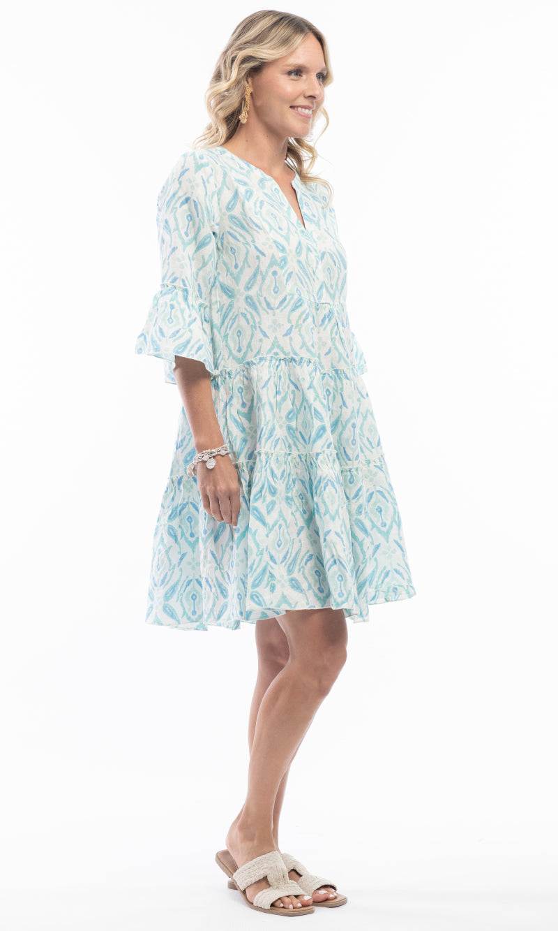 Pure Linen Dress Layers Frill Sleeve Ikat Turquoise