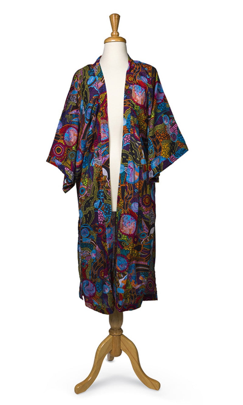 Cotton Aboriginal Art Long Kimono by Justin Butler