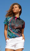 Aboriginal Art Ladies Fitted Polo Salt Meets Earth