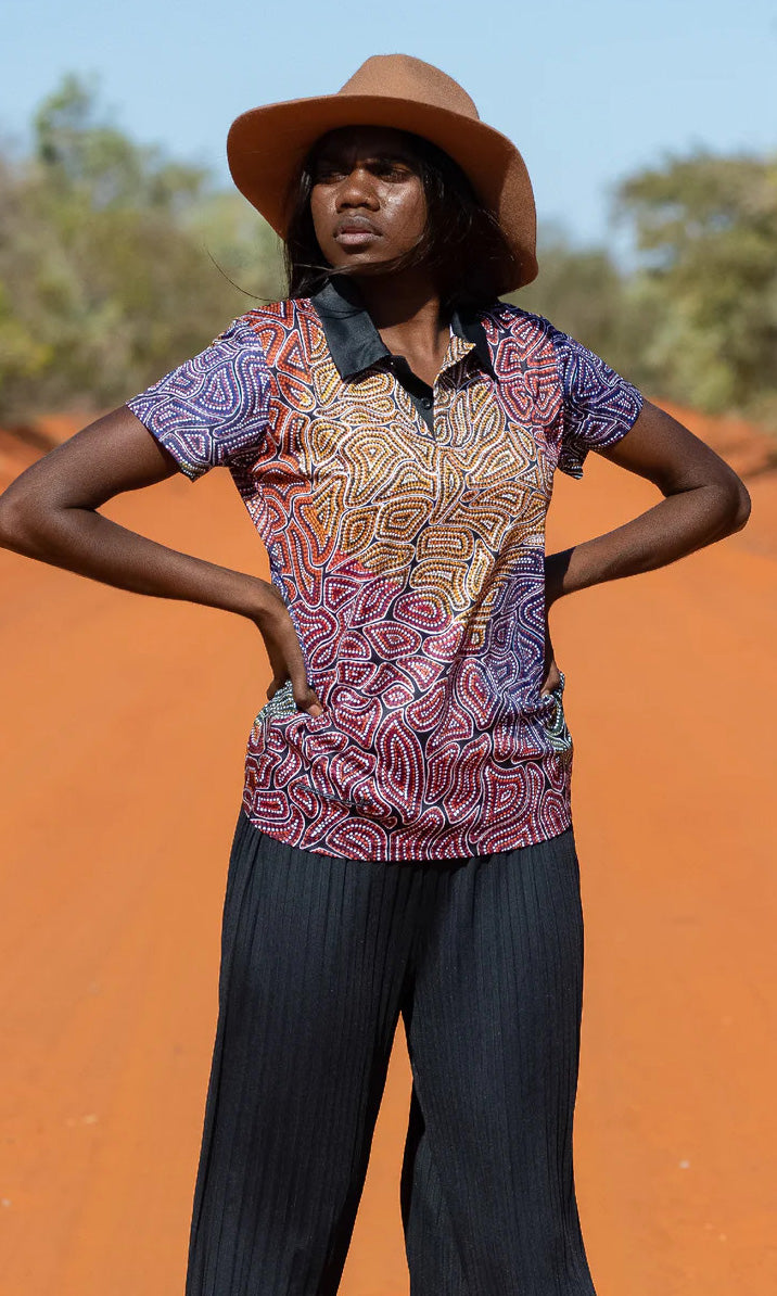 Aboriginal Art Ladies Fitted Polo Our Many Tribes