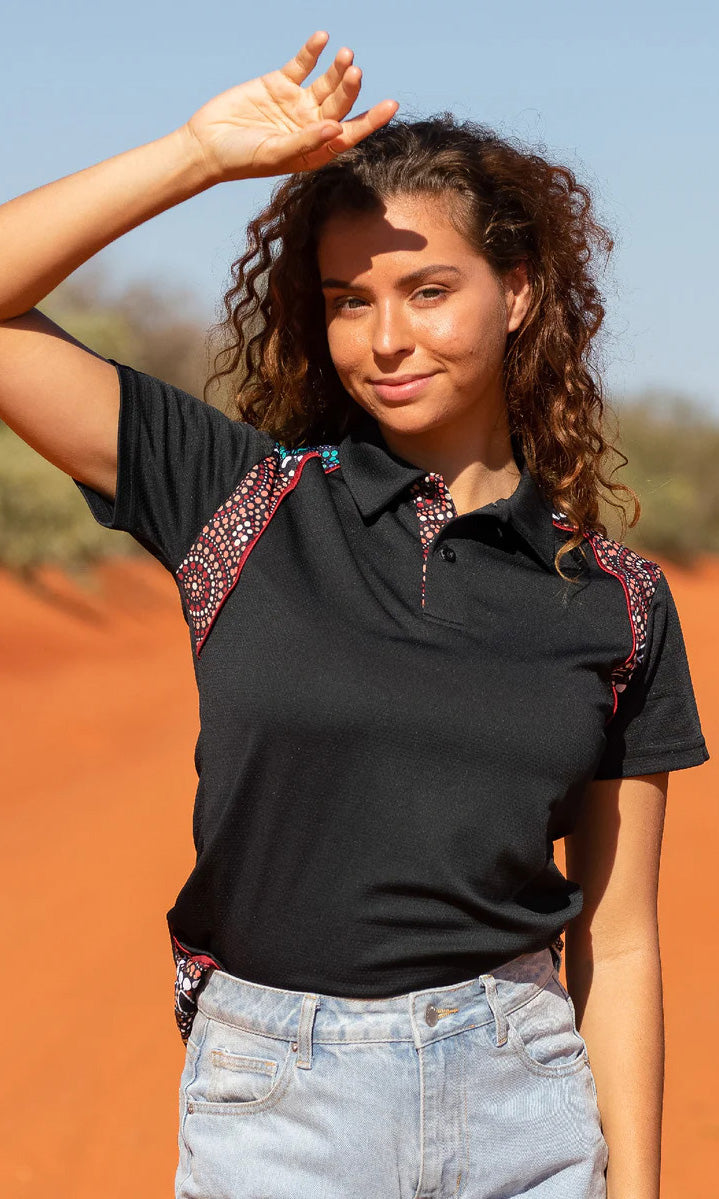 Aboriginal Art Ladies Fitted Bamboo Polo Heal Our Nura