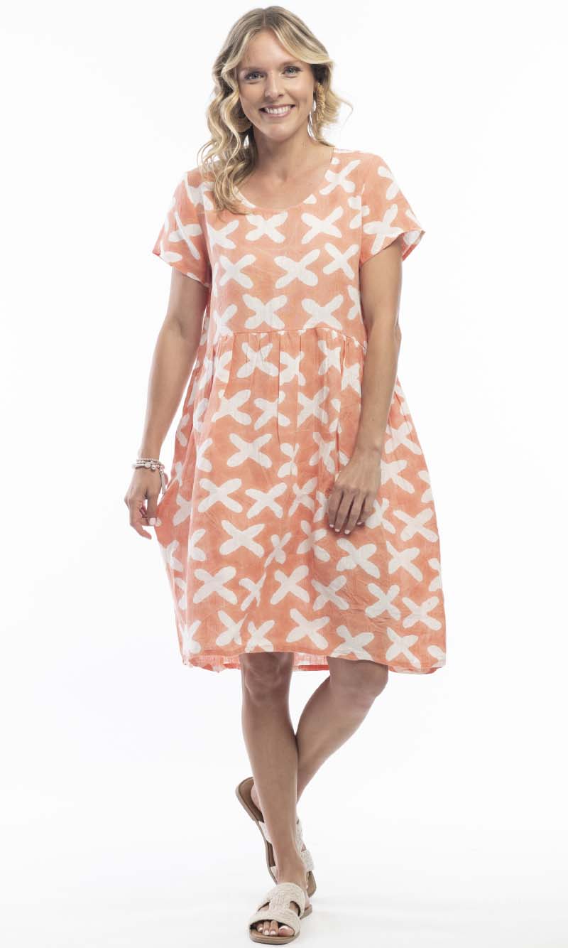 Pure Linen Dress Ruched Print, More Colours