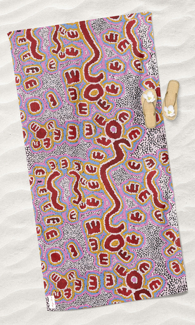 Aboriginal Art Beach Towel Janganpa Jukurrpa (Brush-tail Possum Dreaming)- Mawurrji