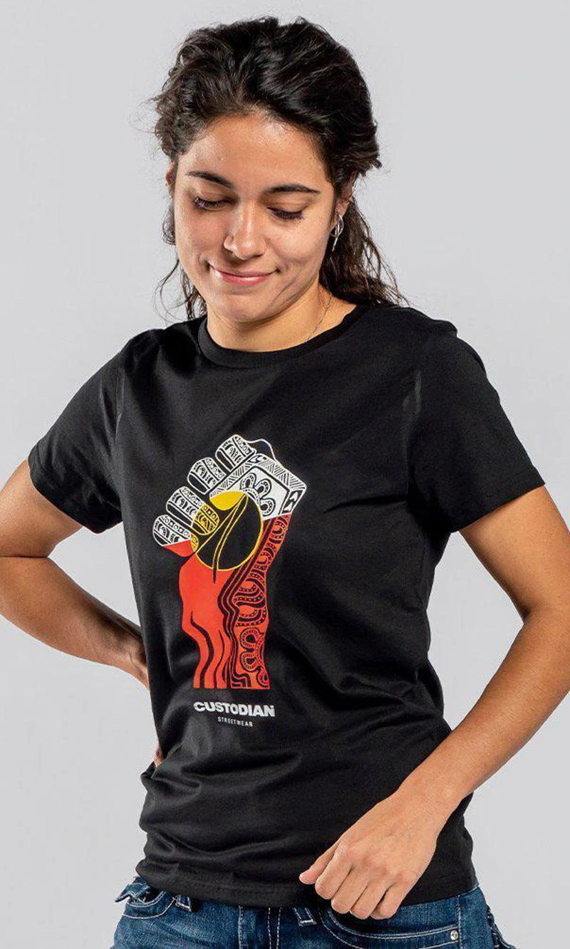Aboriginal Art Women's T-Shirt Rise Up Black
