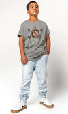 Aboriginal Art Kids Cotton T-Shirt Stingray Fever Grey Marle