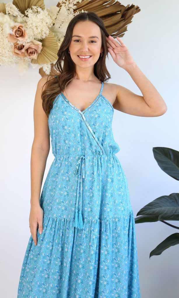 Rayon Crossover String Strap Maxi Dress Two Tone Blue