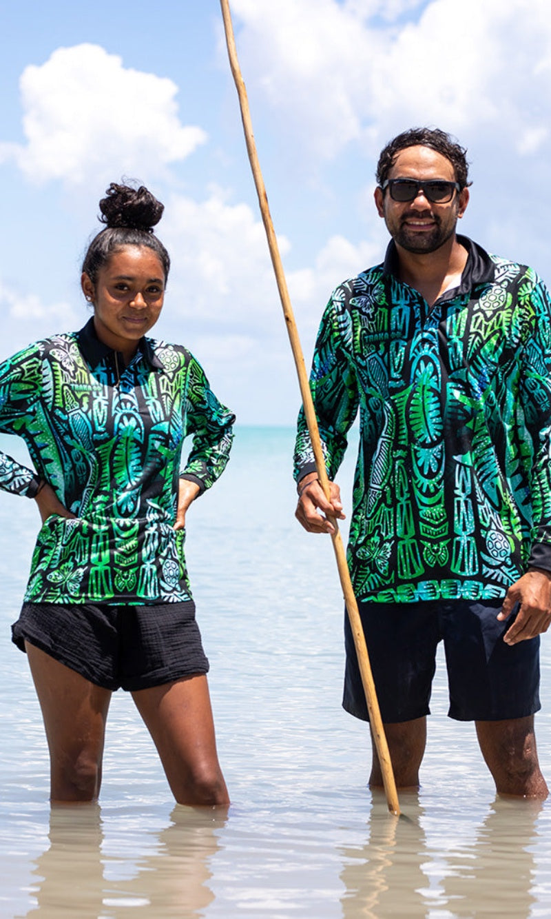 Aboriginial Art Unisex Long Sleeve Polo TSI Aqua – Azure Beach and