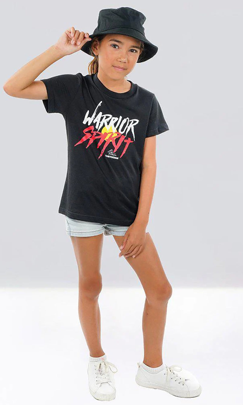 Aboriginal Art Kids T-Shirt Warrior Spirit Black