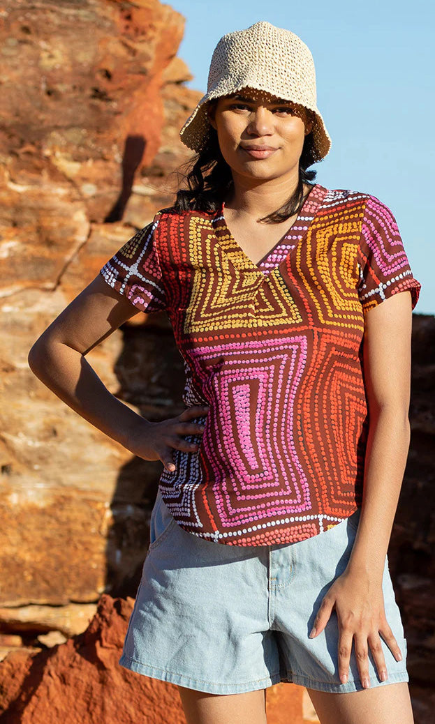 Aboriginal Art Ladies Short Sleeve Blouse Karnta Jukurrpa
