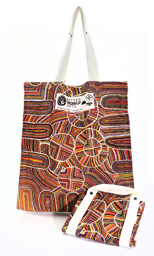 Aboriginal Art Cotton Foldable Shopping Bag by Samuel Miller
