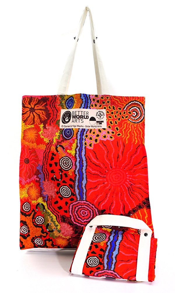 Aboriginal Art Cotton Foldable Shopping Bag by Damien and Yilpi Marks