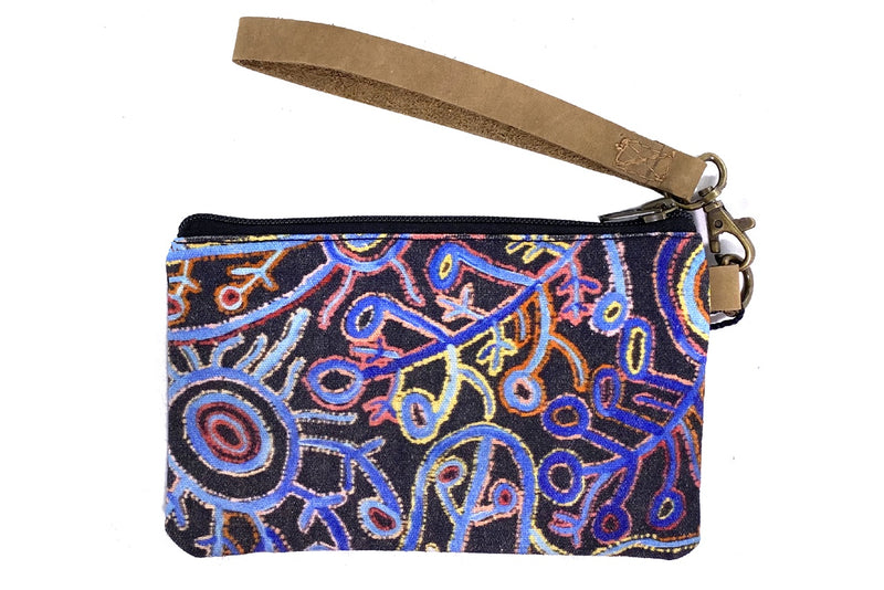 Aboriginal Art Canvas Pouch with Leather Strap by Theo Hudson