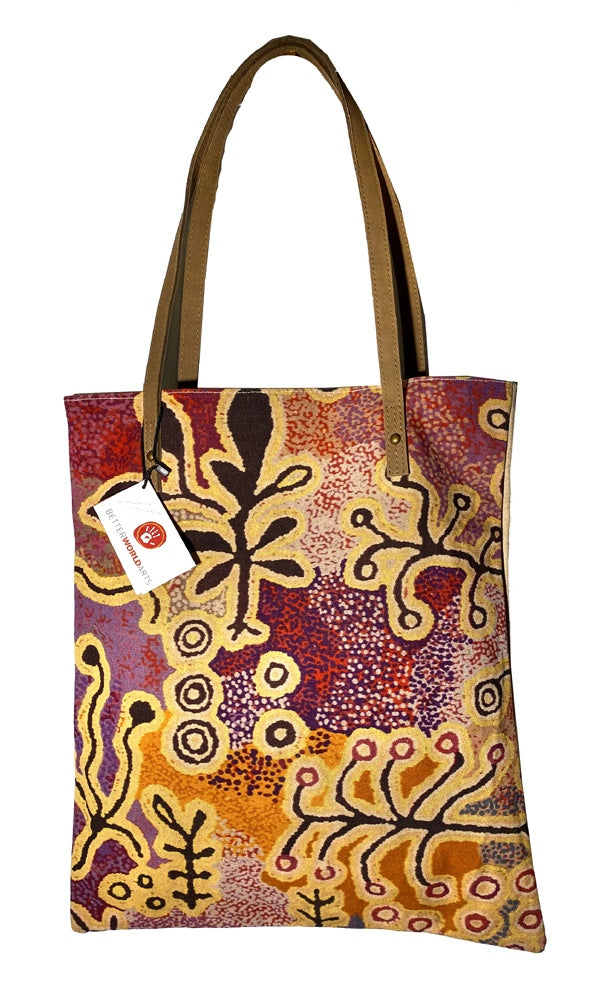 Aboriginal Art Shoulder Tote Bag Leather Trimmed by Paddy Stewart