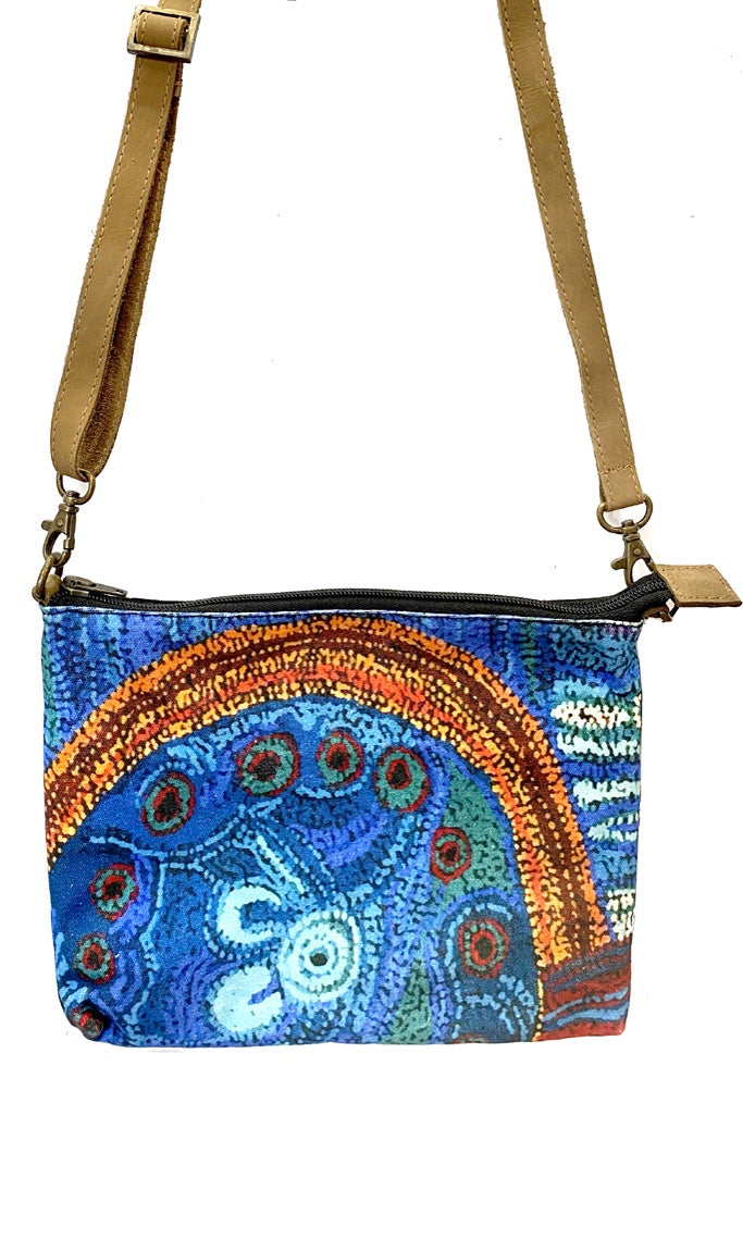 Aboriginal Art Cross Body Bag Leather Trimmed by Julie Woods
