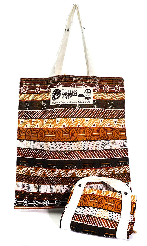 Aboriginal Art Cotton Foldable Shopping Bag by Josette Papajua