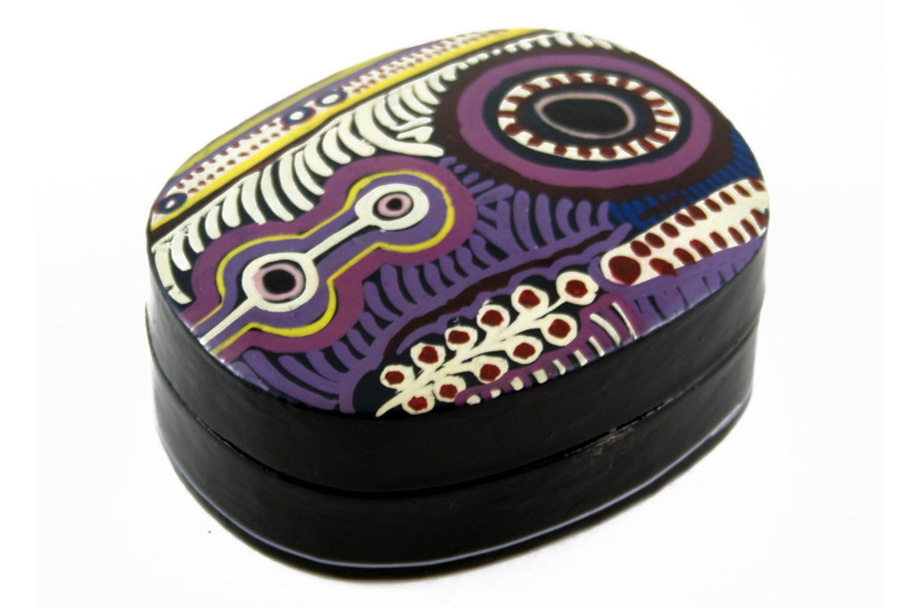 Aboriginal Art Medium Lacquer Box by Murdie Nampijinpa Morris