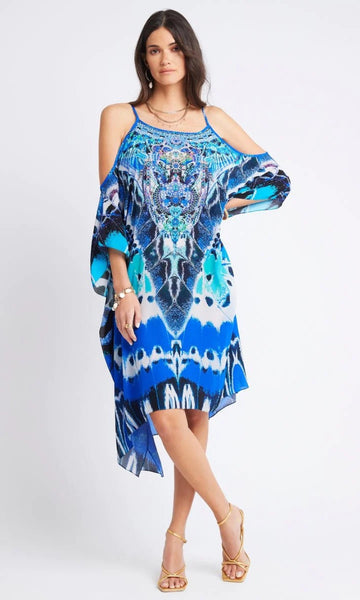 Silk Short Kaftan Cold Shoulder Wild Feathers – Azure Beach and